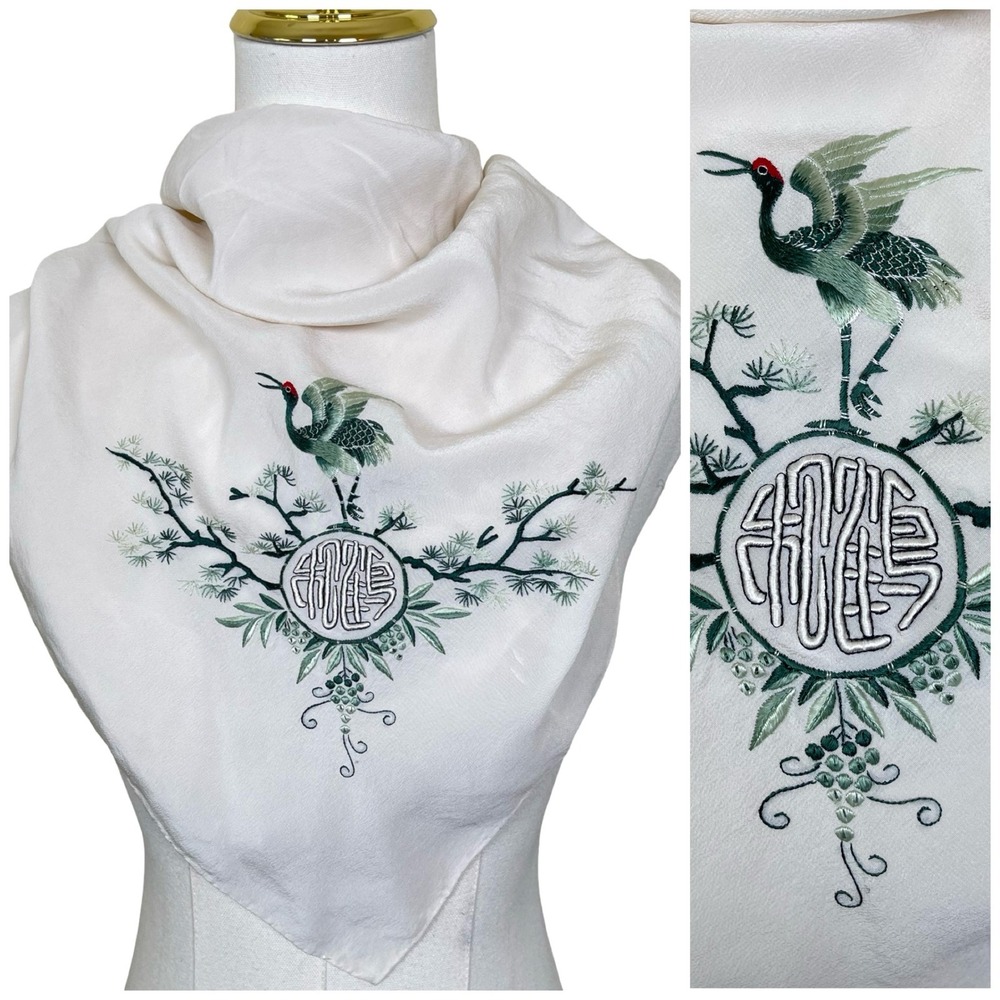 Vintage Silk Embroidered‎ Crane Scarf White Green Asian Bird Nature Souvenir